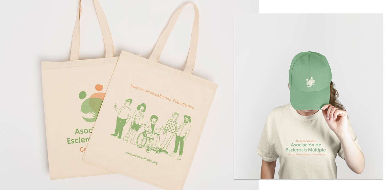 Tote bags y gorra de ADEM Collado Villalba con la ilustración de la marca