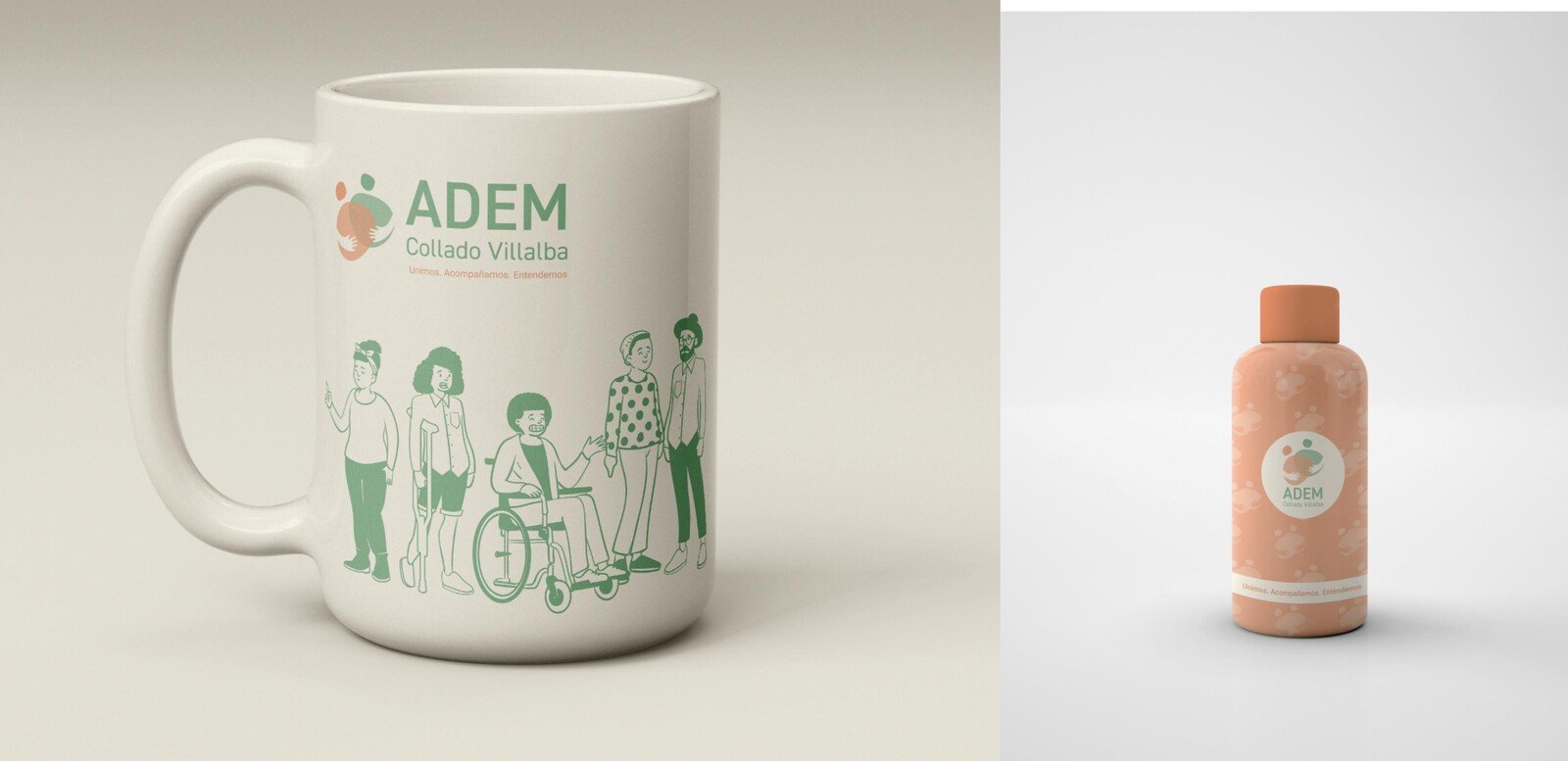 Taza y botella con la ilustración de la marca