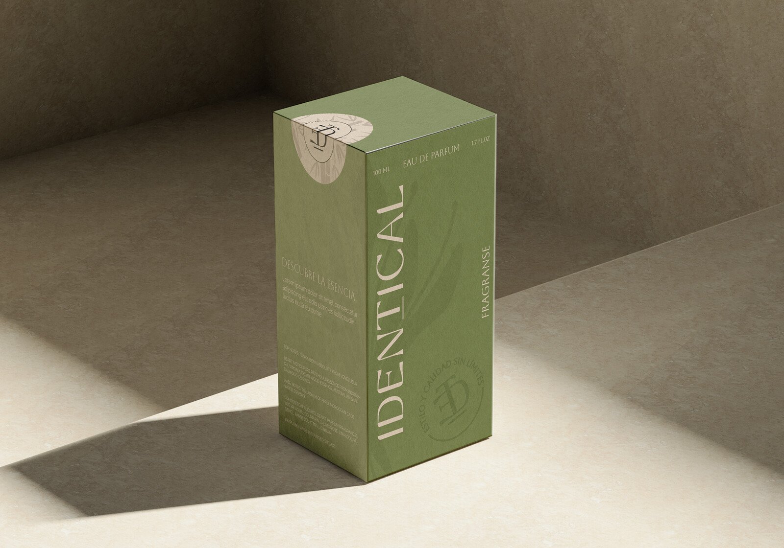 Caja de perfume Identical en verde salvia con luz lateral