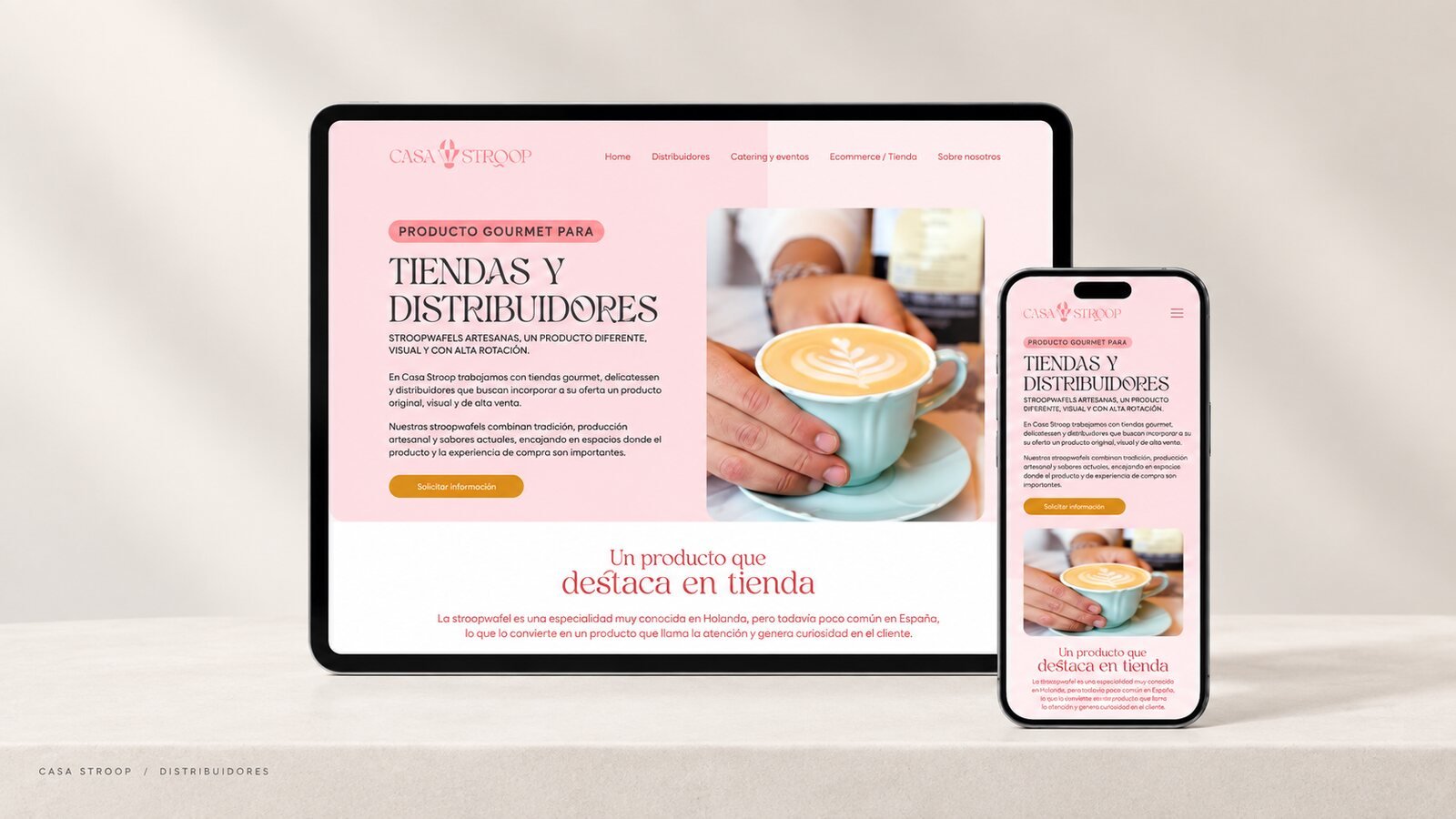 Página de tiendas y distribuidores, con la foto del café con leche