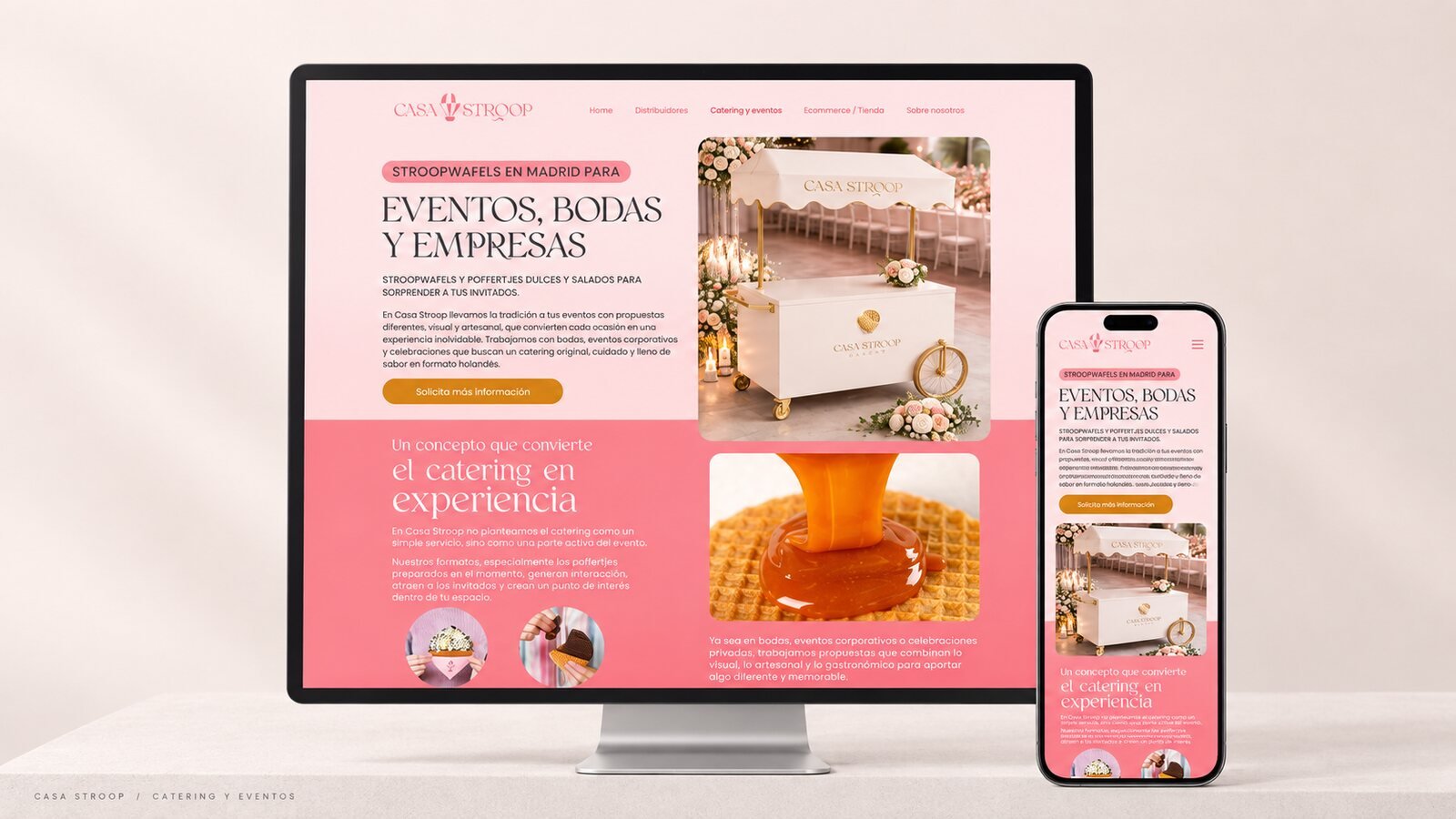 Página de eventos, bodas y empresas, en rosa, con el caramelo cayendo