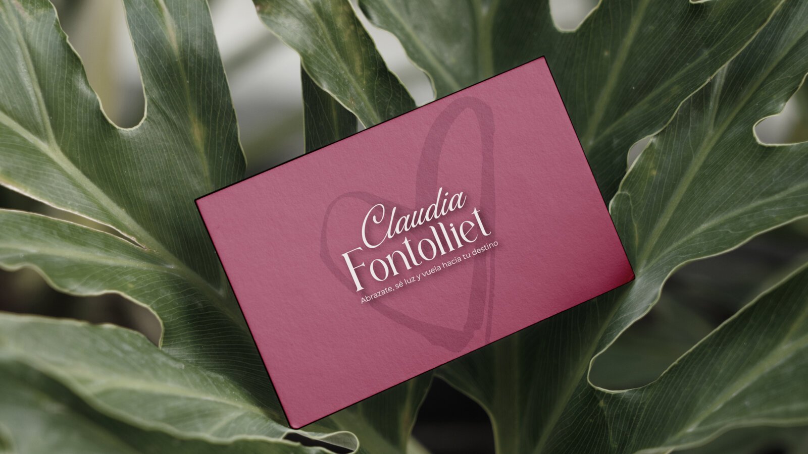 Tarjeta de Claudia Fontolliet sobre una hoja de monstera
